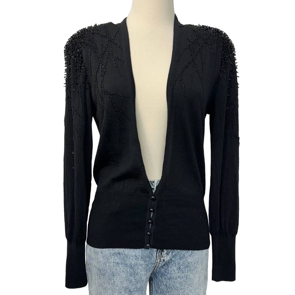 Escada Beaded Embellished Cardigan Sweater New Wool Blend Black Size 38 Medium